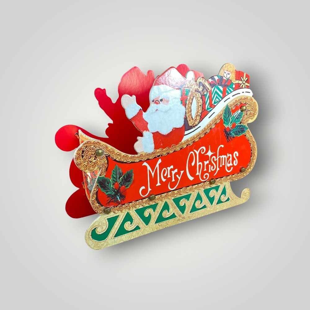 Vintage Santa Sleigh Card Holder Christmas Decor Mid Century‎ Die Cut 1950s 60s